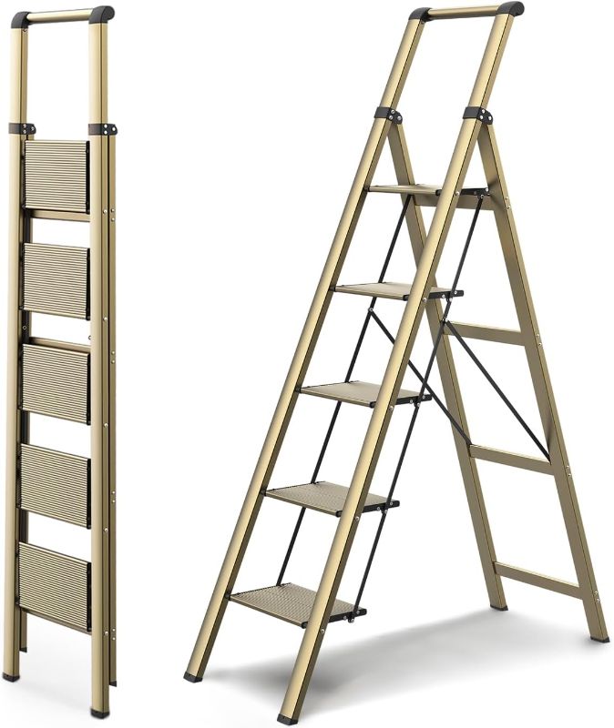 Photo 1 of WOA WOA 5 Step Ladder, Ladders for Home, Anti-Slip Pedals, Aluminum Step Stool Foldable, Lightweight to Move, Ease of Storage, Reach 10ft for Closet Kitchen Library, Hold 300lbs - Gold