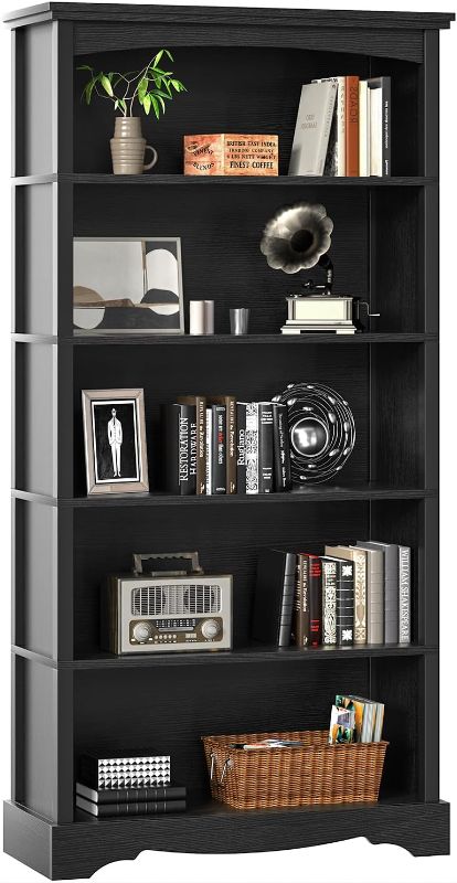 Photo 1 of 5 Tier Bookcase and Bookshelf, Wood 65 Inch Tall Bookshelf with Storage, Floor Standing Display Book Shelf for Living Room, Office, Study Room, Entryway, Black