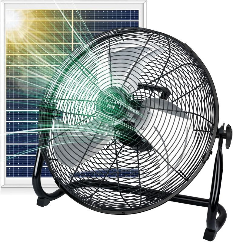 Photo 1 of DBF 16" Solar Powered Fan - 20000mAh Rechargeable Floor Fan with 30W Solar Panel & AC Adapter, 12 Speeds, Tilt Head, High Velocity Cordless Portable Fans for Home, Camping, Garage, Outage, Outdoor