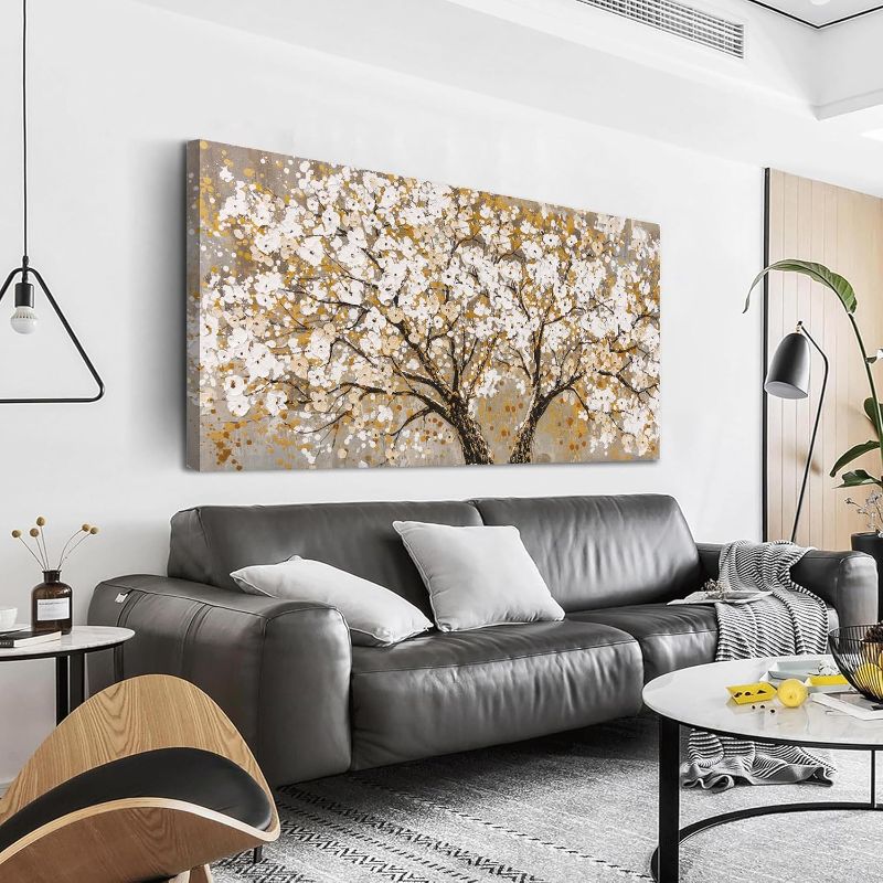 Photo 1 of Canvas Wall Art Decor Fall Canvas Wall Pctures For Living Room Tree of Life Wall Art Decor Autumn Textured Wall Art White Wall Art Prints Large Art Work For Bedroom Office Kitchen Wall Decor 24" x 48"