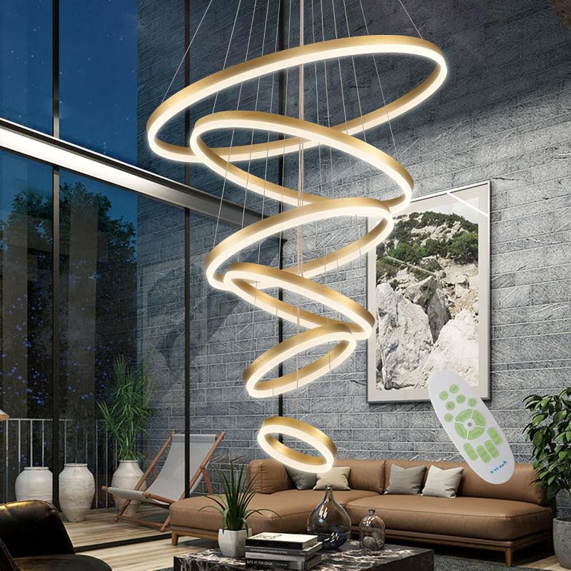 Photo 1 of High Ceiling Chandelier Dimmable 3000K-6000K, LED Staircase Chandelier, Large Chandeliers for High Ceilings, Entryway, Villas and Stairs, Adjustable Length to 79", 6 Rings, Gold