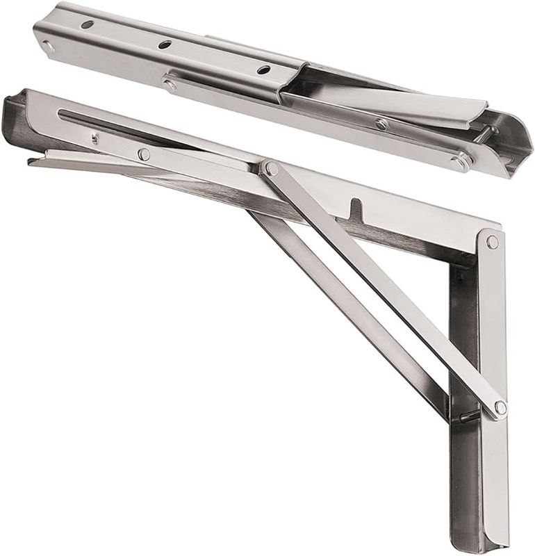 Photo 1 of CLT 12'' Folding Shelf Brackets Max. Load 440 lb, Heavy Duty Stainless Steel DIY Wall Mounted Shelf Bracket Space Saving for Table Work Bench, Pack of 2
