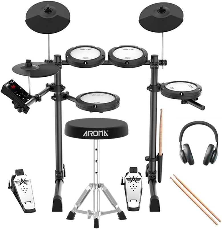 Photo 1 of AROMA TDX-18 Electronic Drum Set with 4 Quiet Mesh Drum Pads, 2 Switch Pedal, Portable and Solid Drum Set with, Bluetooth, Drum Throne, Headphones and Sticks