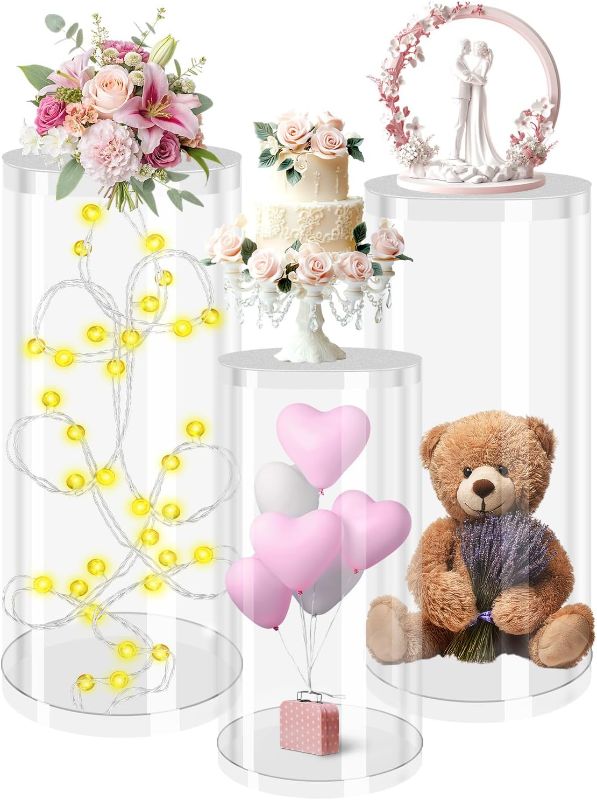 Photo 1 of Cylinder Stands for Party, Party Cylinders Set of 3 Stand, Thickened Clear Cylinder Pedestal for Display Wedding Bridal Baby Shower Party Decorations 35.4''(L) 29.5''H, 23.6''H
