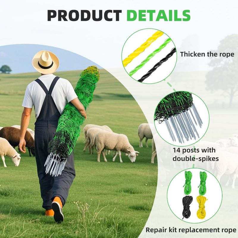 Photo 1 of Electric Fence Netting, 35.4" x 164' Portable Electric Net Fence for Goats, Sheep, Lambs, Hogs in Backyards, Farms, Ranches, Homesteads and Gardens,(14 Posts, 2 Spikes,Green)