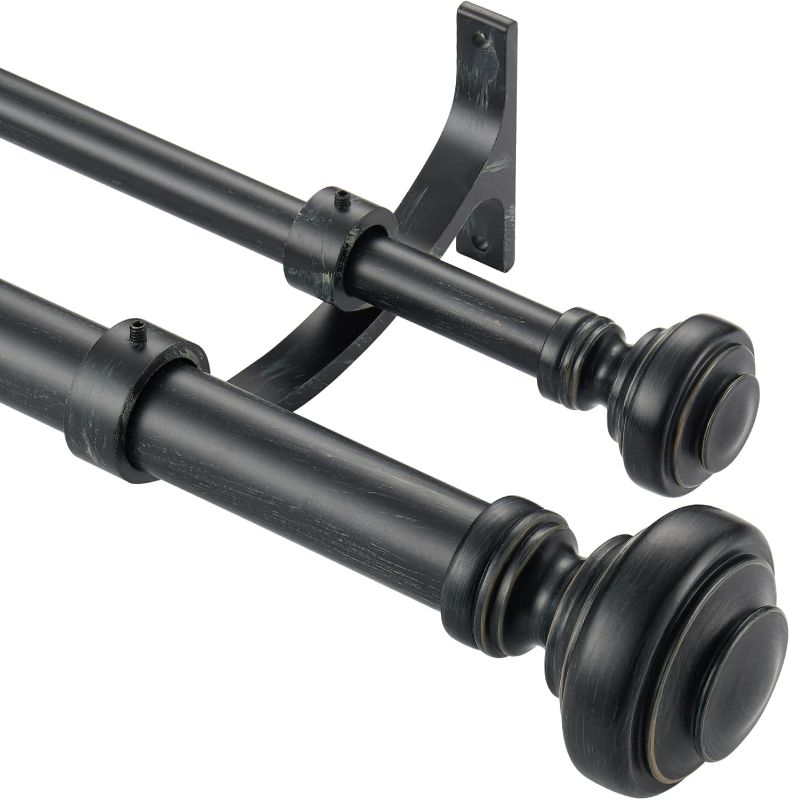 Photo 1 of Wood Double Curtain Rod for Windows 36 to 72 Inches (3 to 6 ft), Adjustable Heavy Duty Double Drapery Rods, Farmhouse Collection Decorative Design with Porch Doorknob Finials,Antique Black