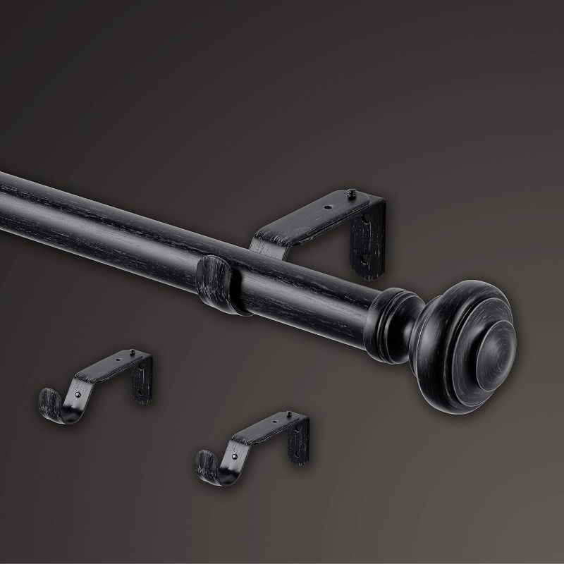 Photo 1 of MODE Farmhouse Collection 1 1/8" Diameter Curtain Rod Set with Porch Doorknob Curtain Rod Finials and Steel Wall Mounted Adjustable Curtain Rod, Fits 36” to 72” Windows, Weathered Black