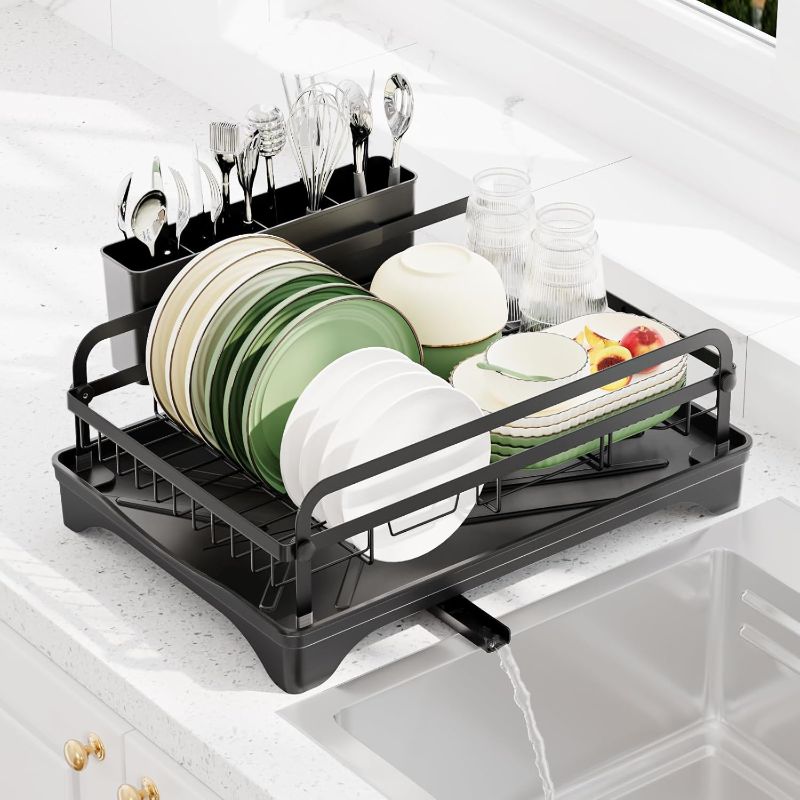 Photo 1 of Dish Drying Rack for Kitchen Counter - Large Dish Rack with Drainboard, Rustproof Dish Drainer with Drainage Spout & Utensil Holder for Sink, Black