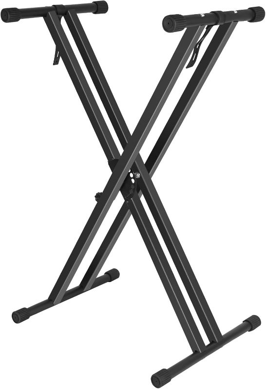 Photo 1 of Height Adjustable Keyboard Stand With Quick Release Mechanism - Double X Foldable Heavy Duty Instrument Stand With Locking Straps for 54-61-88 Key Electronic Pianos