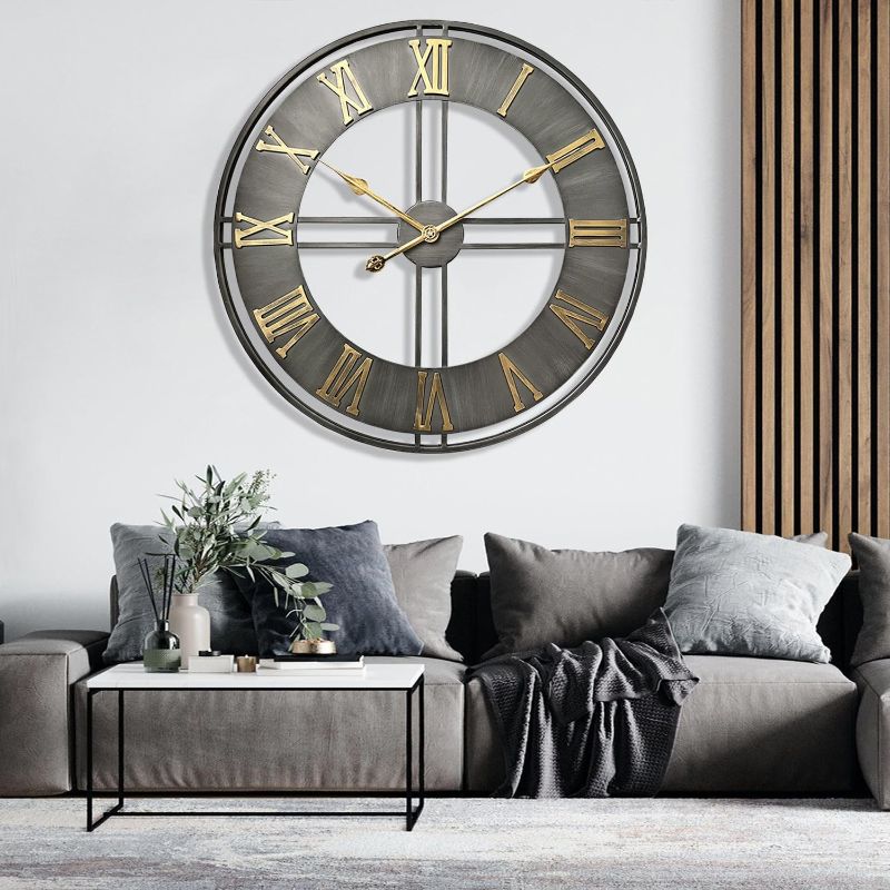 Photo 1 of Large Wall Clock,24" Metal Decorative Round Wall Clocks,Quality Quartz Movement Silent Retro Roman Numerals Clock for Living Room Bedroom Kitchen Decor