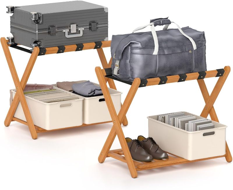 Photo 1 of DORTALA Folding Luggage Racks Set of 2, Acacia Wood Suitcase Stand with Storage Shelf & 5 Nylon Straps, Luggage Holder for Bedroom, Guest Room, Hotel, No Assembly Required
