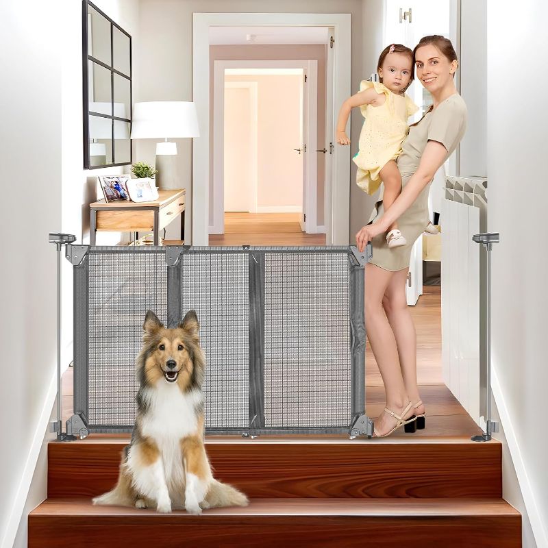 Photo 1 of No Screw Adjustable Dog Gates for Doorways Fully Open Sliding 32"-55" Wide No Drilling Mesh Pet Gate Indoor Expandable Baby Gate 28 Inch Tall Step Over Baby Gate for Dog Indoor Swing Child Gate (Gray)