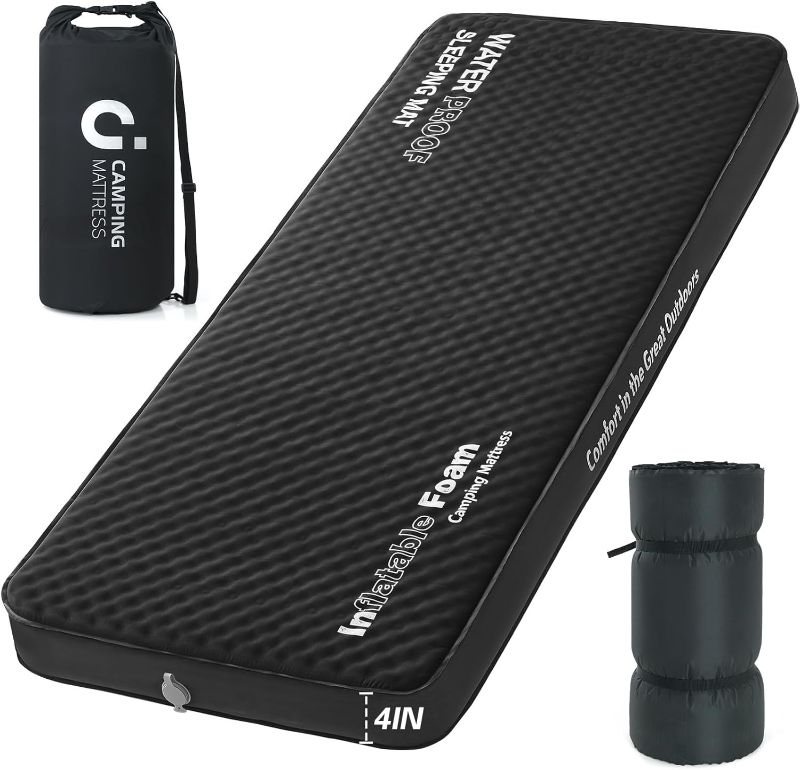 Photo 1 of Self Inflating Sleeping Pad, 4in Ultra-Thick Foam Camping Single Mattress with Air Pump Sack, Sleeping Mats for Adults Inflatable Camping Pad Mattress, Cot Bed, Travel, Car, Tent, Home, Black