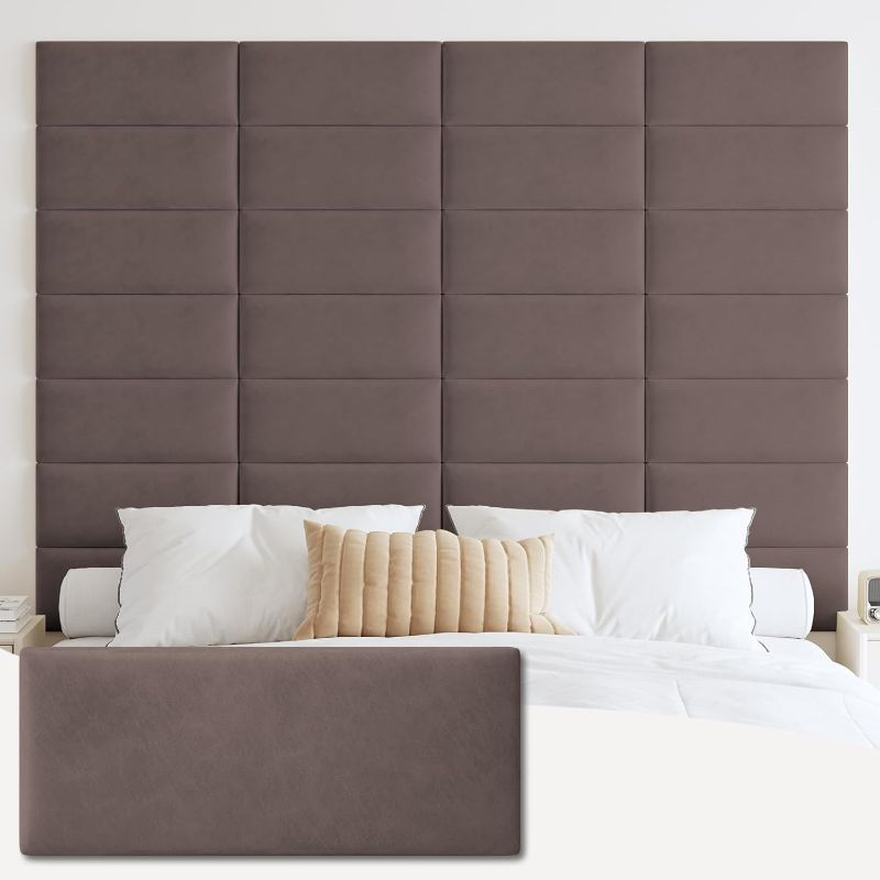 Photo 1 of IFNOW Wall Mounted Upholstered Headboard Queen, 3D Peel and Stick Soundproof Panels, Reusable and Removable Padded Leather Bed Headboard, 9 Panels 9.84" x 23.62", Dark Skin