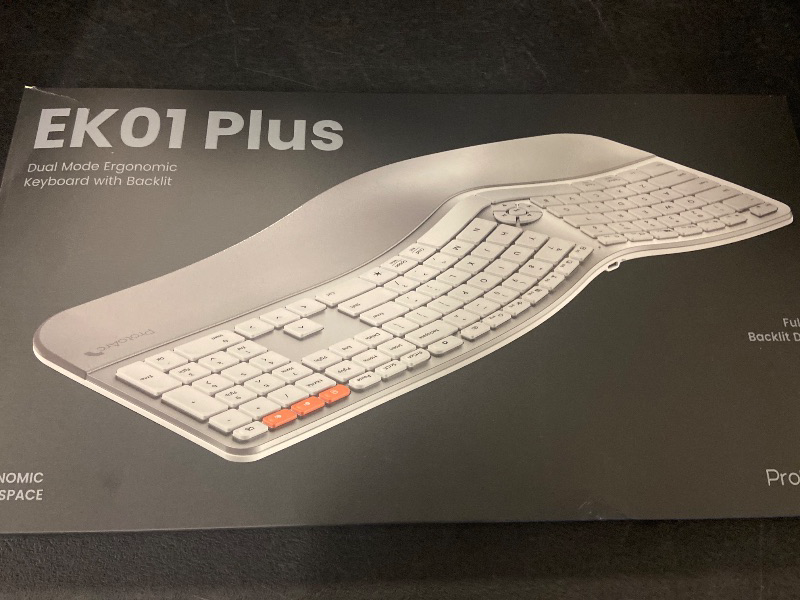 Photo 1 of ProtoArc Backlit Bluetooth Ergonomic Keyboard, EK01 Plus Full Size Wireless Split Keyboard with Dual Bluetooth and USB, Cushioned Wrist Rest, Rechargeable, for Windows/Mac/Android, White and Silver