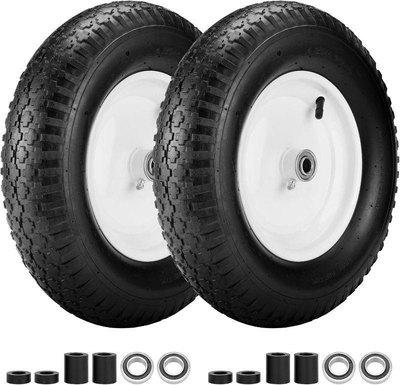Photo 1 of 4.80/4.00-8" Air Filled Wheelbarrow Tire,Heavy-Duty Replacement Tire and Inner Tube Set with 3/4 & 5/8 Wheel Bearing and Spacer Kit included,Tubed Tires Non-Slip for Garden Cart Wagon