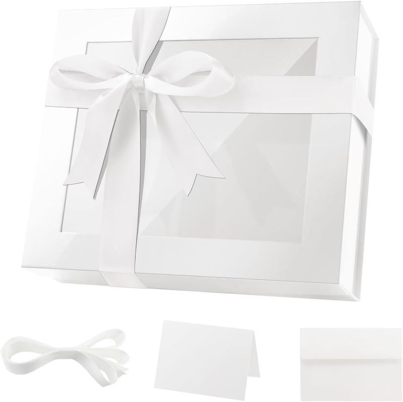 Photo 1 of Extra Large White Gift Box with Window, 16.3x14.2x5 Inches Clear Gift Box for Present Contains Ribbon, Card, Bridesmaid Proposal Box with Lid (Glossy White)