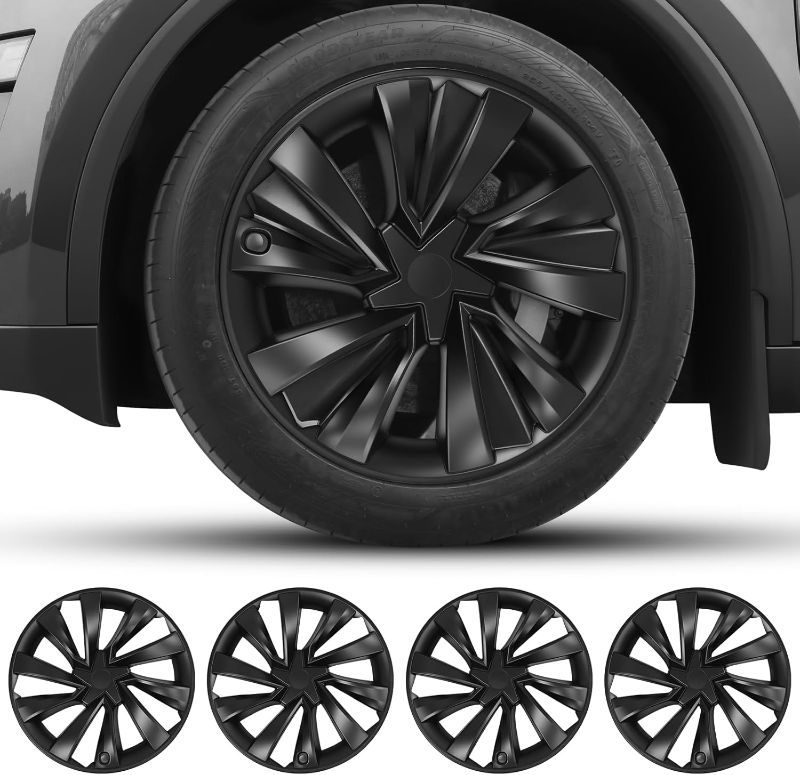 Photo 1 of Hubcaps for Tesla Model Y Juniper 2026, 19 Inch Matte Black Wheel Covers with Center Caps, Cross-Spoke Design Rim Protectors, Easy Clip-On Installation, for Model Y Juniper Accessories