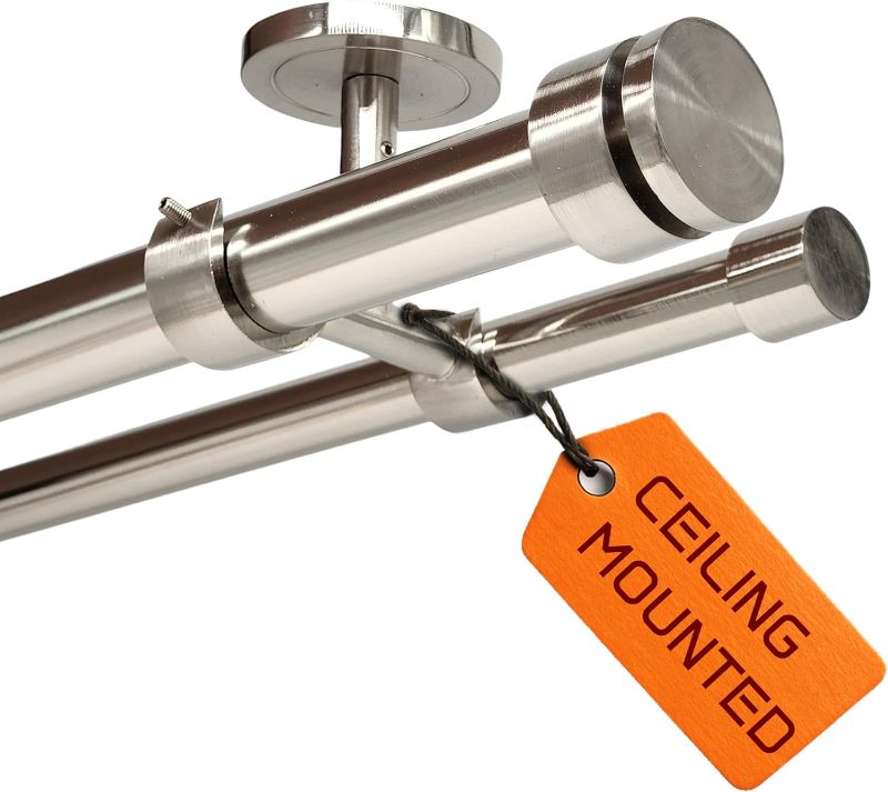 Photo 1 of Ceiling Mounted Double Curtain Rod, Heavy Duty Brushed Nickel Double Curtain Rod, Drapery Holder with Three Ceiling Mount Brackets and Installation Hardware Included (Brushed Nickel, 48-84")