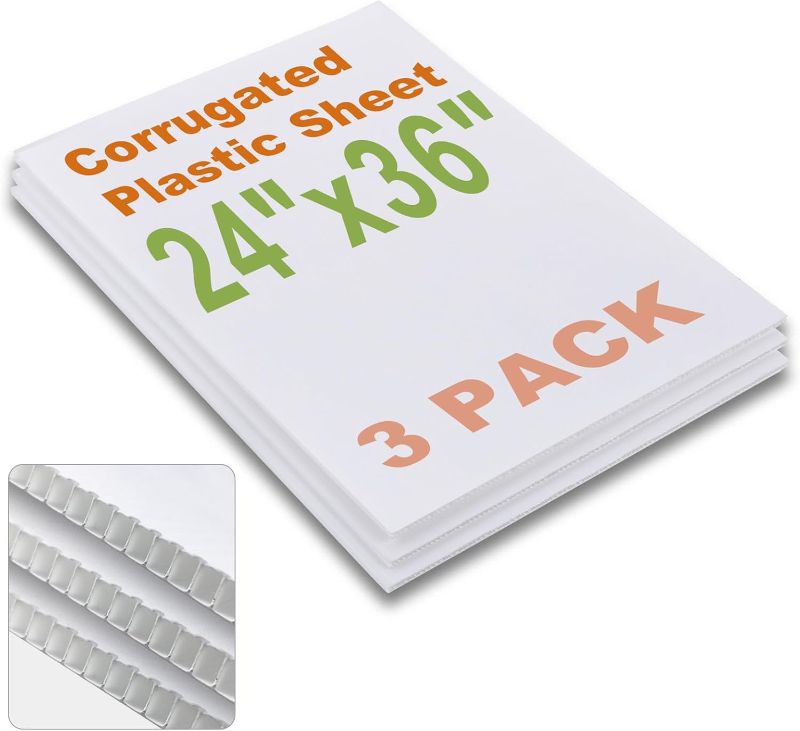 Photo 1 of Falling in Art 24x36 Corrugated Plastic Board, 3 Pack Coroplast Plastic Sheet, 3/16 Inch Thick White Double-Sided Blank Poster Board for Indoor and Outdoor Use