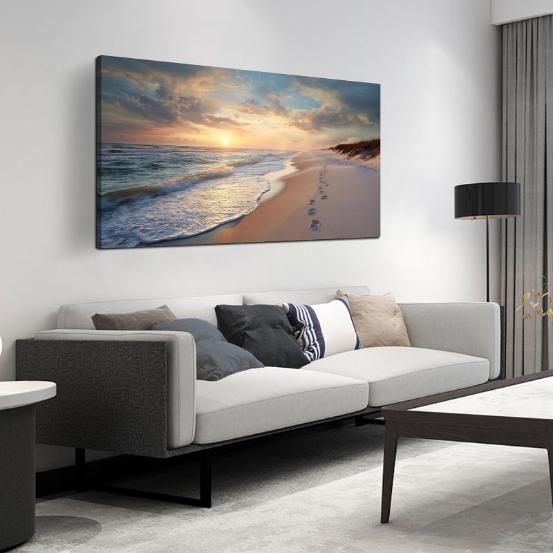 Photo 1 of Ocean Wall Art Blue Canvas Sun Art Print Seascape Wall Decor Large Landscape Picture 24" x 48" Artwork for Living Room Bedroom Office