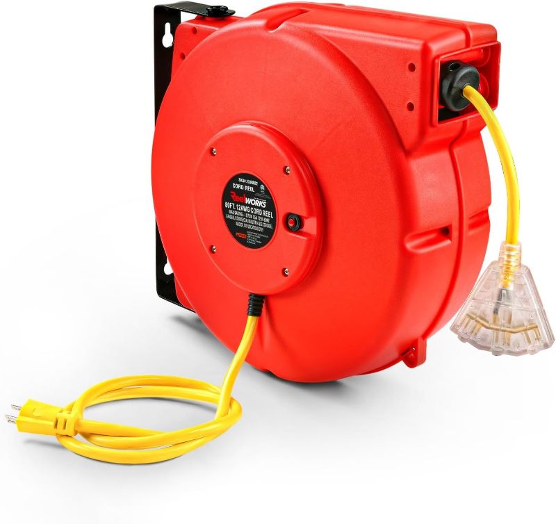 Photo 1 of ReelWorks Extension Cord Reel Retractable Longest Industrial 12awg x 80' Foot Commercial Premium Grade Ultra Flexible 3C/SJTOW Glow Strip Cable and Led Light Up Triple Tap Connector Use Indoor/Outdoor