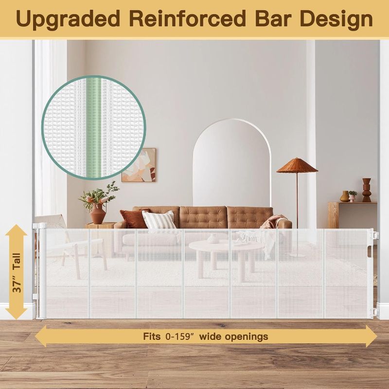 Photo 1 of Reinforced 159 Inch Extra Wide Child Gates for wide Openings, Indoor/Outdoor Retractable Fence/Barrier/Blocker/Screen for Baby and Pet, Bottom Anti-crawl Extra Long Baby Gate for Large Openings, White