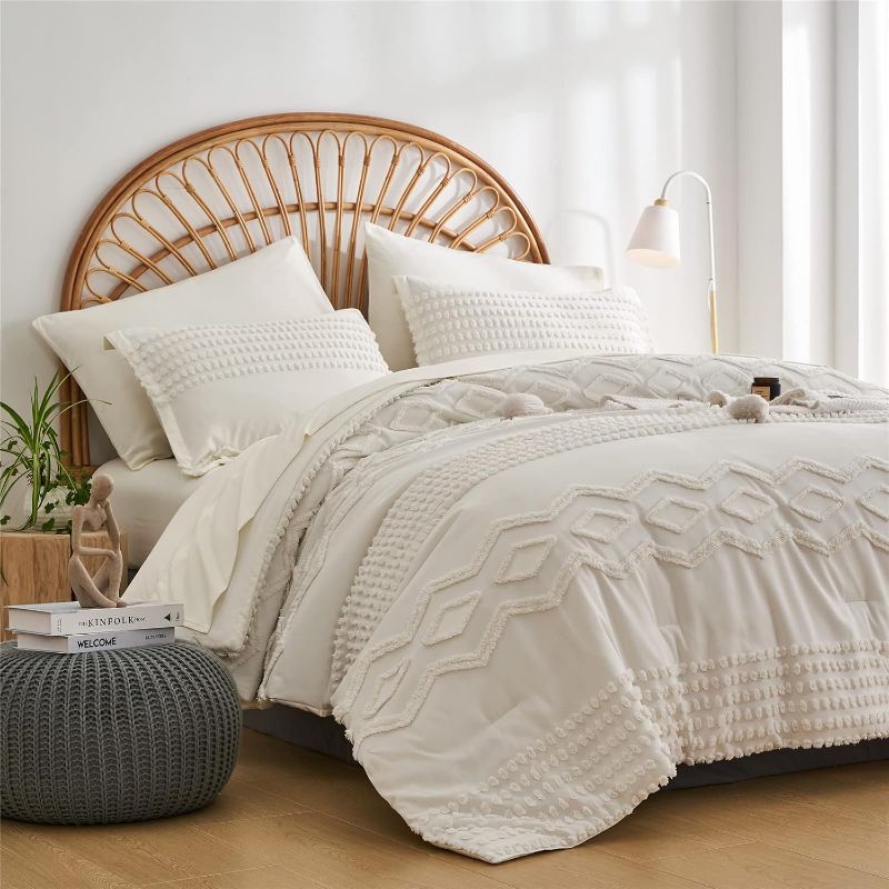 Photo 1 of KAKIJUMN White Tufted Comforter Set Queen Size 7 Piece Bed in a Bag, Shabby Chic Boho Comforter and Sheet Set, All Season Soft Microfiber Complete Bedding Set(White,Queen)