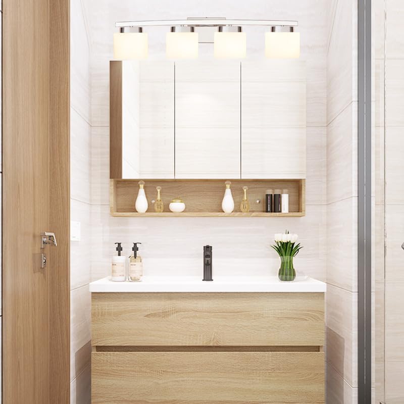 Photo 1 of 4-Light Modern Chrome Vanity Light Fixture with White Glass Shade for Bathroom Over Mirror, 31.5 Inches