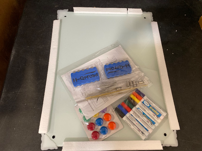 Photo 1 of H-Qprobd White Board 24”x18“ Magnet Dry Erase Boards Frameless Magnetic Glass Whiteboard for Wall, Wall Mounted Whiteboard Includes 12 Magnets, 8 Markers and 2 Erasers