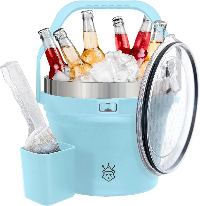 Photo 1 of Insulated Ice Bucket with Lid and Scoop - Extra Large Double-Walled Ice Bucket for Parties, Cocktail Bar, Stainless Steel Wine Chiller, Beverage Tub with Handle and Bottle Opener (Ocean Blue)