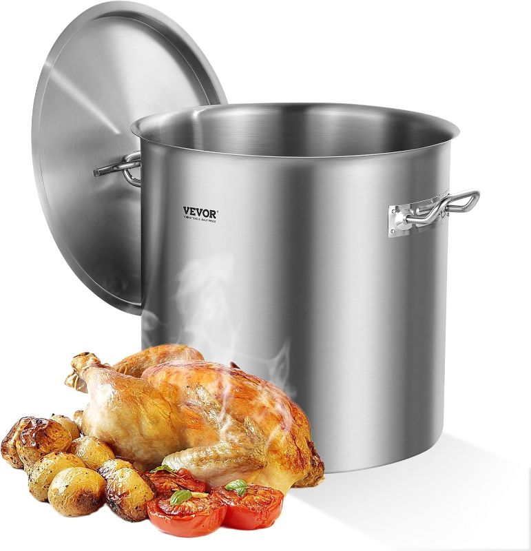 Photo 1 of VEVOR Stainless Steel Stockpot, 53 Quart Large Cooking Pots, Cookware Sauce Pot with Lid, and Handle, Heavy Duty Commercial Grade Stock Pot, Sanding Treatment, for Large Groups Events Silver