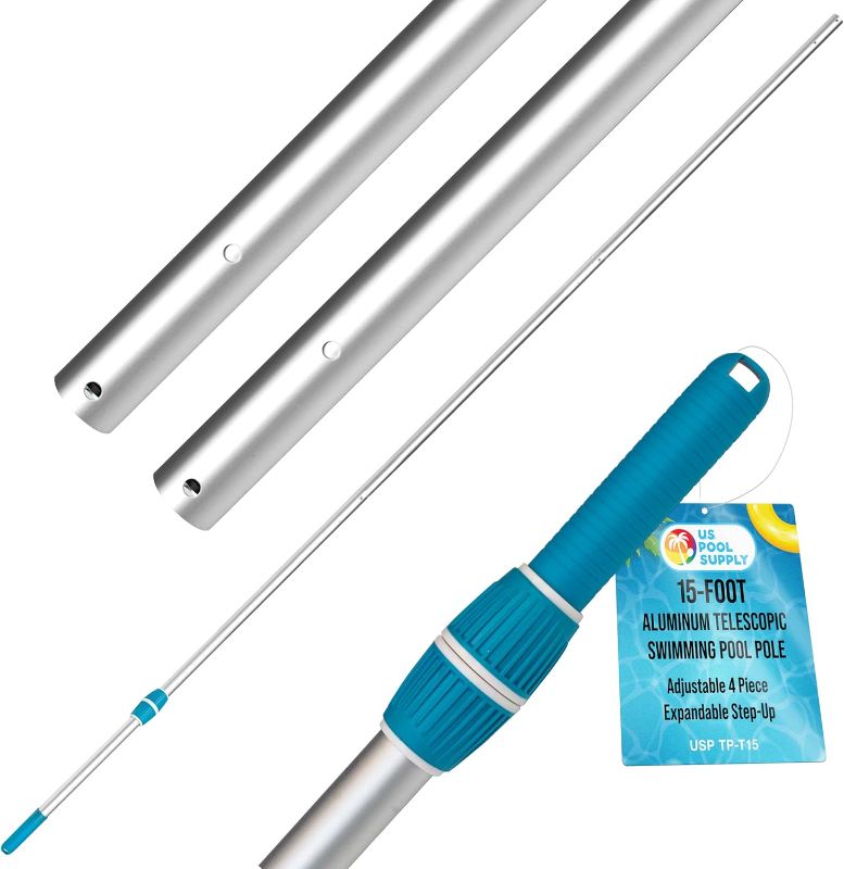 Photo 1 of U.S. Pool Supply Telescoping Pole 15-Foot Aluminum Pool Pole Telescopic Cleaning, Adjustable 4 Piece Expandable Step-Up - Twist Locking Cams, Attach Connect Skimmer Net Rake Brush Vacuum Heads Hoses