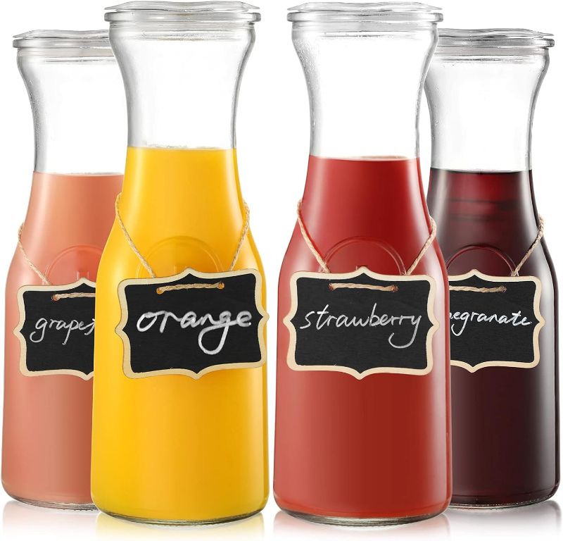 Photo 1 of NETANY Set of 4 Glass Carafe with Lid, 1 Liter Beverage Serveware Carafe, Clear Glass Pitcher for Mimosa Bar, Brunch, Cold Water, Juice, Milk, Iced Tea, Lemonade