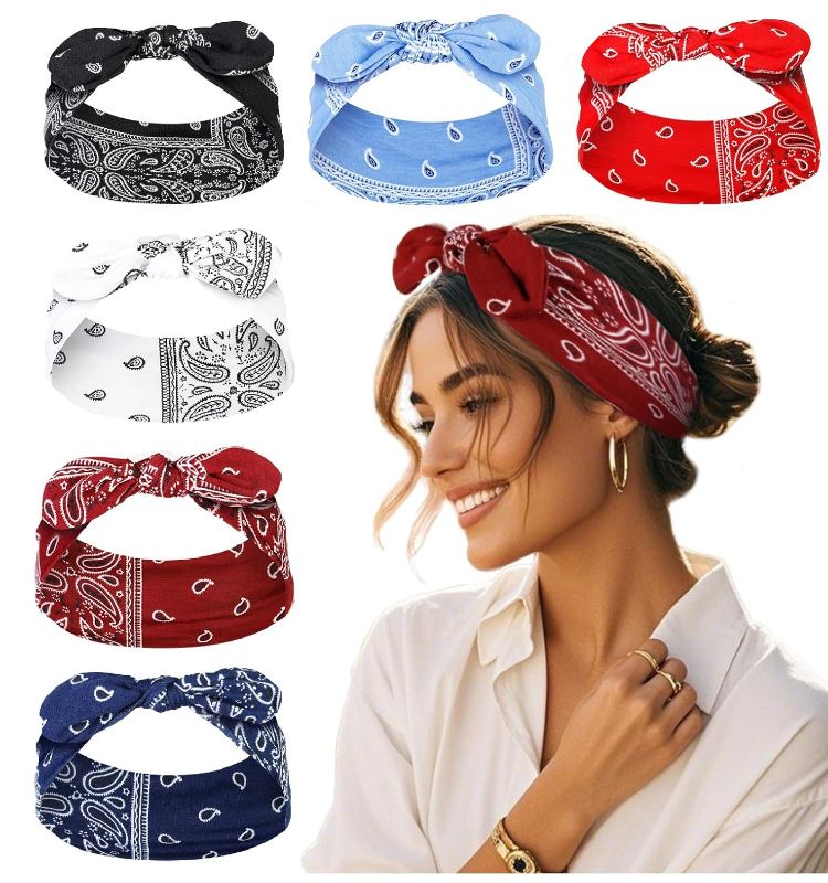 Photo 1 of Tobeffect Bandana Headbands for Women Boho Style Paisley Print - Elastic Bow Head Bands for Women’s Hair Non Slip - Wide Headwraps with Bows Vintage, Cute Hairbands Hair Accessories 6 Pack