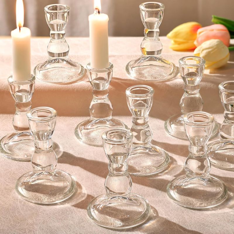Photo 1 of 24 Pcs Candlestick Holders Bulk, 2.56 x 3.55in Clear Taper Candle Holders, Glass Candle Holders Set for Wedding Table, Party, Windowsill Decor