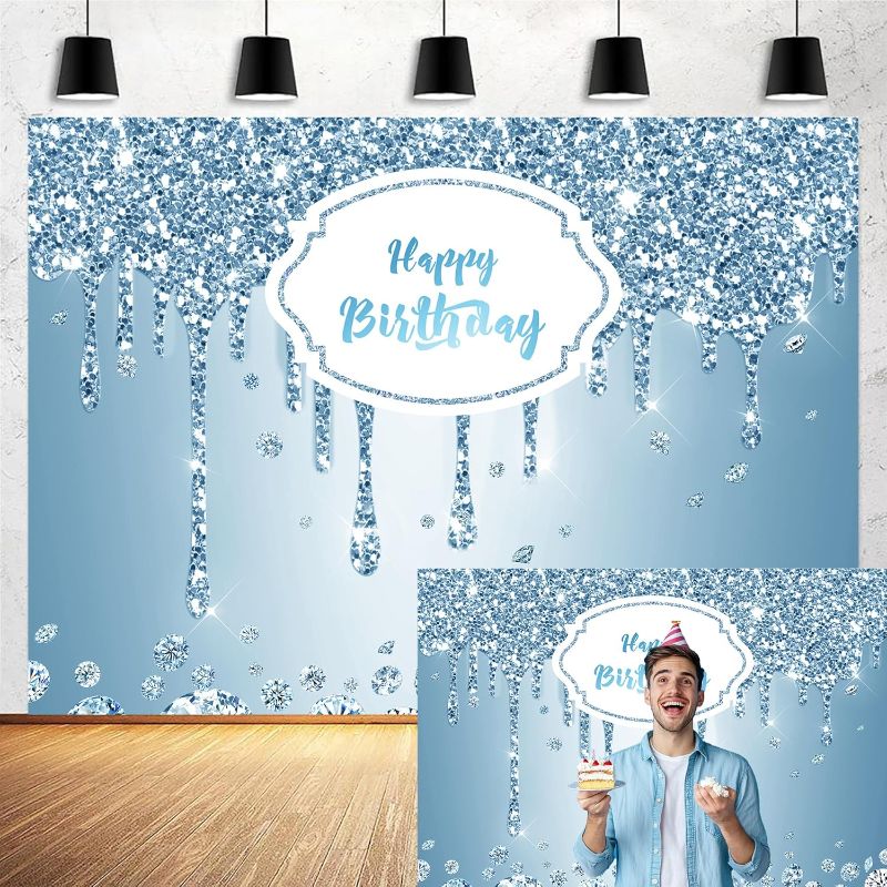 Photo 1 of 7X5FT Happy Birthday Backdrop Photograph Dripping Glitter Crystal Diamond Blue Photo Background Girls Women Men Boys Bday Party Decorations Cake Table Banner Wall Decor Props