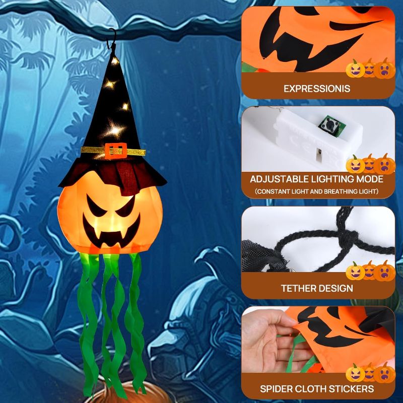 Photo 1 of Halloween Decorations Outdoor, 3 PCS Hanging Lighted Glowing Pumpkin Witch Hat with 3 Modes Lighted Up Scary Orange Halloween Decorations for Indoor Outside Party Yard Tree Garden, 24Inch