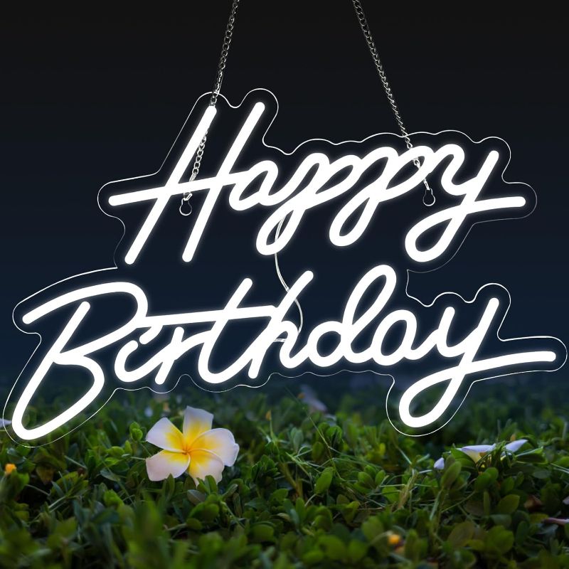 Photo 1 of Happy Birthday Neon Sign for Wall Decor, LED Happy Birthday Light Up Sign, USB Powered Dimmable Neon Light for Birthday Party Decorations Backdrop, White