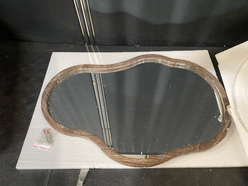 Photo 1 of Large Wavy Wall Mirror Irregular Wood Frame Modern Unique Wall-Mounted Artistic Asymmetrical Mirror Decor Bathroom Vanity Bedroom Living Room Entryway Hallway 26"x18" Natural
