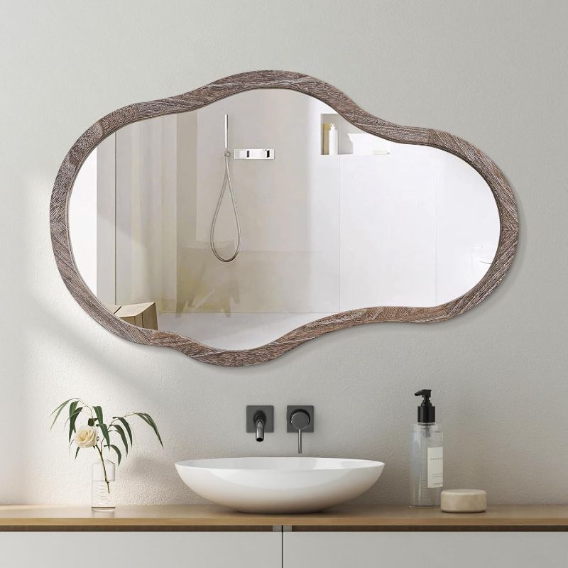 Photo 1 of Large Wavy Wall Mirror Irregular Wood Frame Modern Unique Wall-Mounted Artistic Asymmetrical Mirror Decor Bathroom Vanity Bedroom Living Room Entryway Hallway 26"x18" Natural