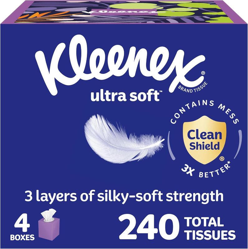 Photo 1 of Kleenex Ultra Soft Facial Tissues, 4 Cube Boxes, 60 Tissues per Box, 3-Ply (240 Total), Packaging May Vary