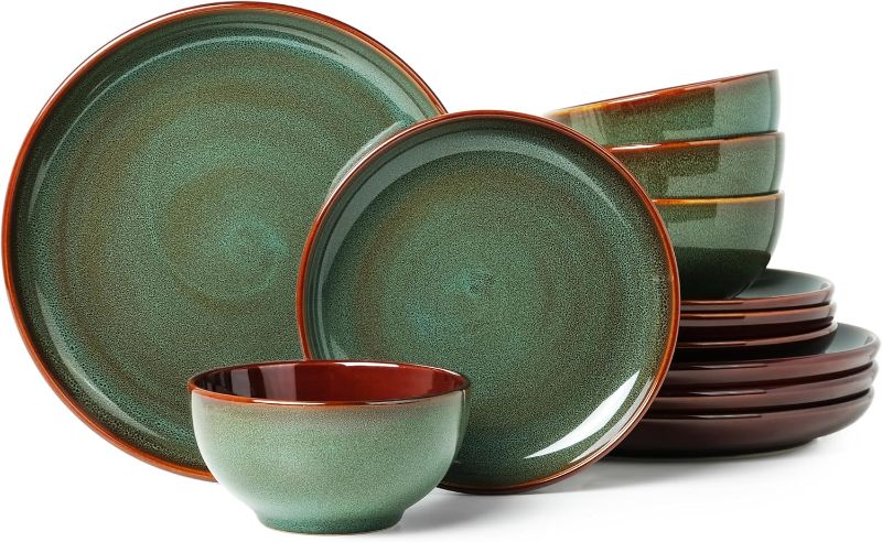 Photo 1 of Stoneware Dinnerware Sets, Ceramic Plates and Bowls Set, Microwave & Dishwasher Safe Kitchen Dishes, Modern Dinner Salad Plates | Cereal Bowls, Dishware Sets Service for 4 Sage Green