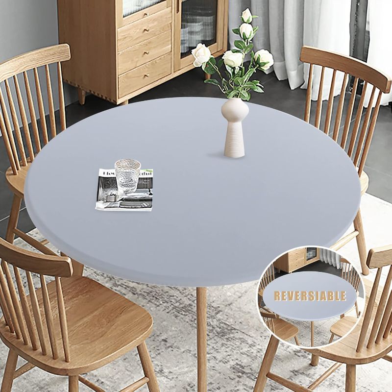 Photo 1 of Obstal Fitted Round Table Cloth, Reversible Waterproof Stain Resistant Elastic Stretch Tablecloth, Wipe Clean Table Cover for Outdoor/Indoor Use, Fits Round Tables up to 40" - 44" Diameter, Silver