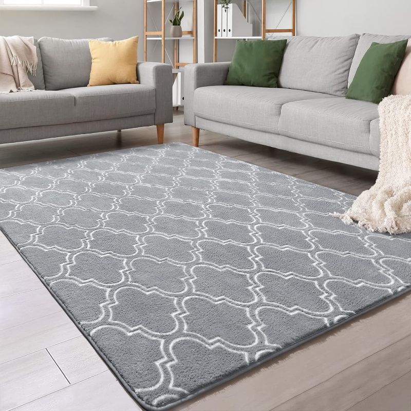 Photo 1 of Chicrug Shag Geometric Modern Area Rug for Bedroom, 4x6 Feet Memory Foam Indoor Carpet, Fluffy Rug for Living Room Bedside Room Decor for Family Girls Kids Nursery Play Mat, Grey/White