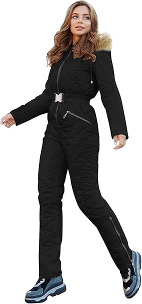 Photo 1 of (L) Yousify Womens Winter Ski Suit One Piece Hooded Fur Collar Ski Jumpsuit Snowsuit Outdoor Sports Coat size-L