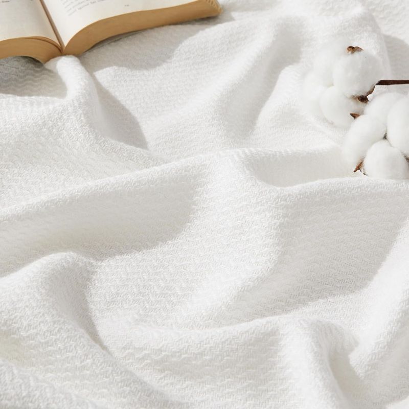 Photo 1 of Bedsure GentleSoft 100% Cotton Blanket Queen Size for Bed - Breathable and Lightweight, Soft Cozy Textured Herringbone Woven Blanket for Summer, White, 90x90 inches