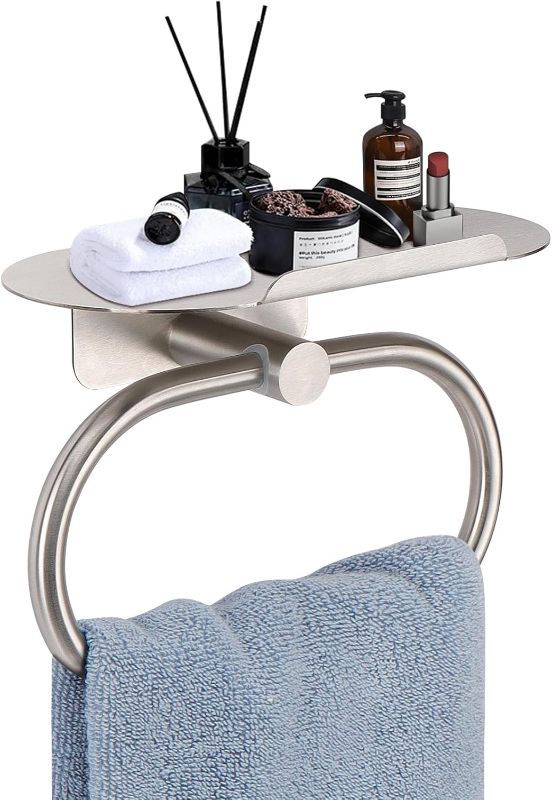 Photo 1 of Hand Towel Ring with Shelf, 304 Stainless Steel Hand Towel Holder, Heavy Duty Bath Accessories, Wall Mounted Towel Hanger for Bathroom Kitchen (Brushed Nickel)