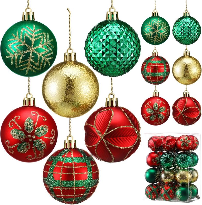 Photo 1 of Syhood 24 Pcs Christmas Ball Ornaments Red Green and Gold Hanging Christmas Tree Balls 2.36 Inches Shatterproof Christmas Ball Vintage Ornaments for Holiday Celebration, Outdoor Yard, Xmas Tree Decor