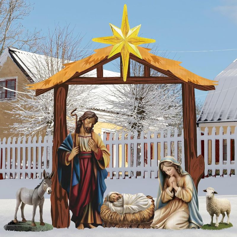 Photo 1 of Kigley 6 Pcs Christmas Outdoor Nativity Set 6.7ft Large Manger Christmas Yard Signs Nativity Outdoor Christmas Decorations Religious Holy Jesus Birth Manger Scene Supplies with Stake for Xmas Lawn